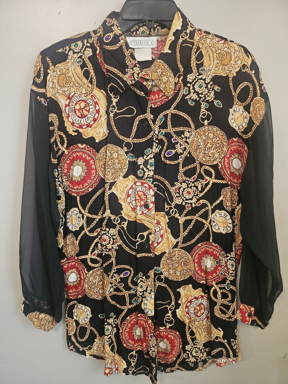 Studio C Vintage Black Chain-Print Blouse With Sheer Sleeves- Gold & Red Accents